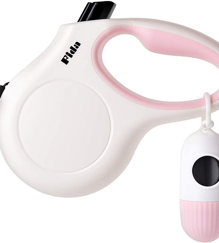 Retractable Dog Leash with Dispenser and Poop Bags, 10 Ft Pet Walking Leash for X-Small Dog or Cat up to 18 Lbs, Anti-Slip Handle, Tangle Free, Reflective Nylon Tape (XS, White)