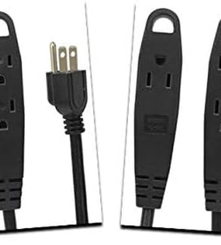 Extension Cord/Wire Power Cable, Indoor/Outdoor, 16/2, 3 Outlet, 10 Feet, UL Listed, Black, (2 Pack)