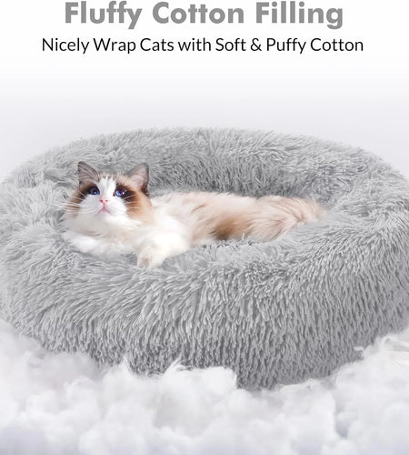 Cat Bed for Indoor Cats, Fluffy round Self Warming Calming Soft Plush Donut Cuddler Cushion Pet Bed for Small Dogs Kittens, 20 Inches