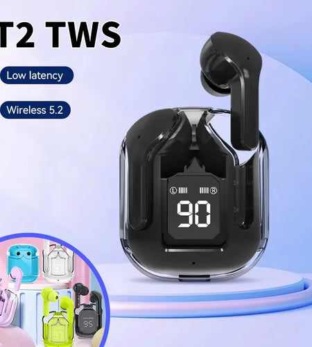 Original T2 Wireless Bluetooth Earphone Transparent HIFI Headphones LED Power Digital Display Stereo Sound Earphones for Xiaomi